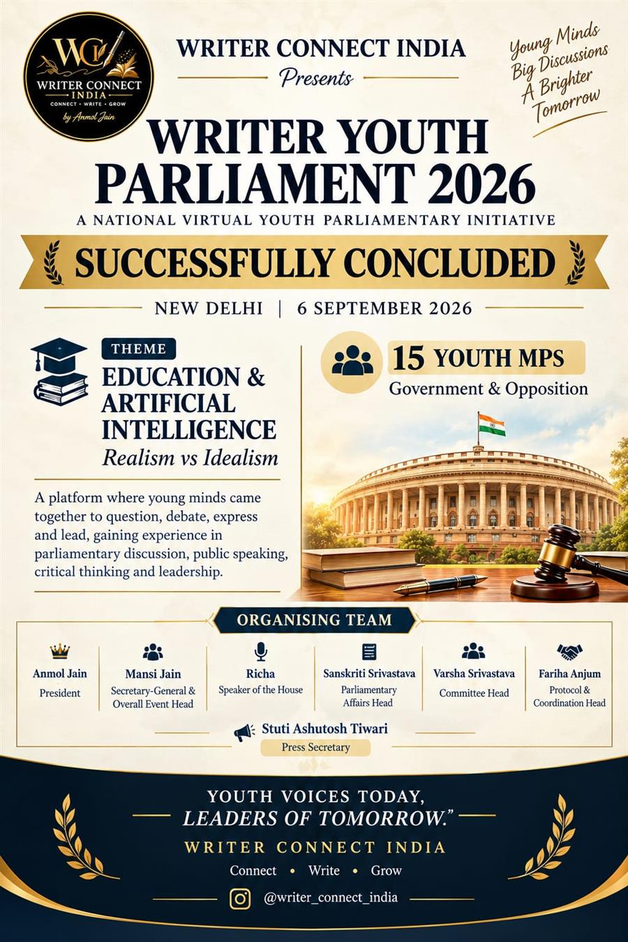 राइटर कनेक्ट इंडिया का ‘राइटर यूथ पार्लियामेंट -2026’ भव्य आयोजन