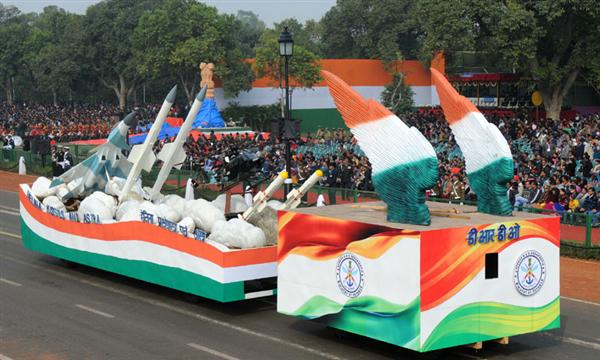 DRDO tableau passes through the Rajpath during the full dress rehearsal for the Republic Day Parade-2014, in New Delhi