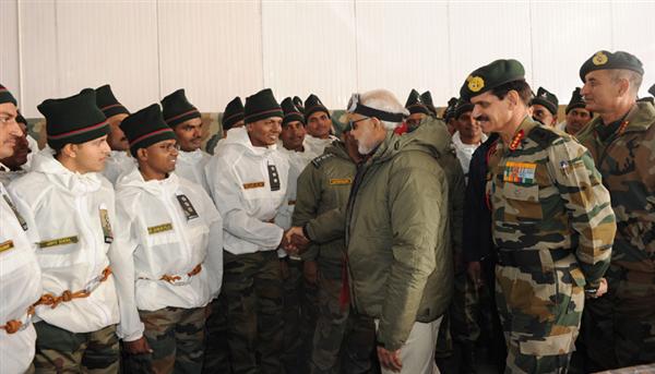 Prime Minister Narendra Modi shaking hands with the Officers and Jawans of the Indian Armed Forces, at Siachen Base Camp, during his visit on Diwali