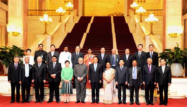 Prime Minister Narendra Modi in a group photograph at Great Hall of People, in Beijing, China